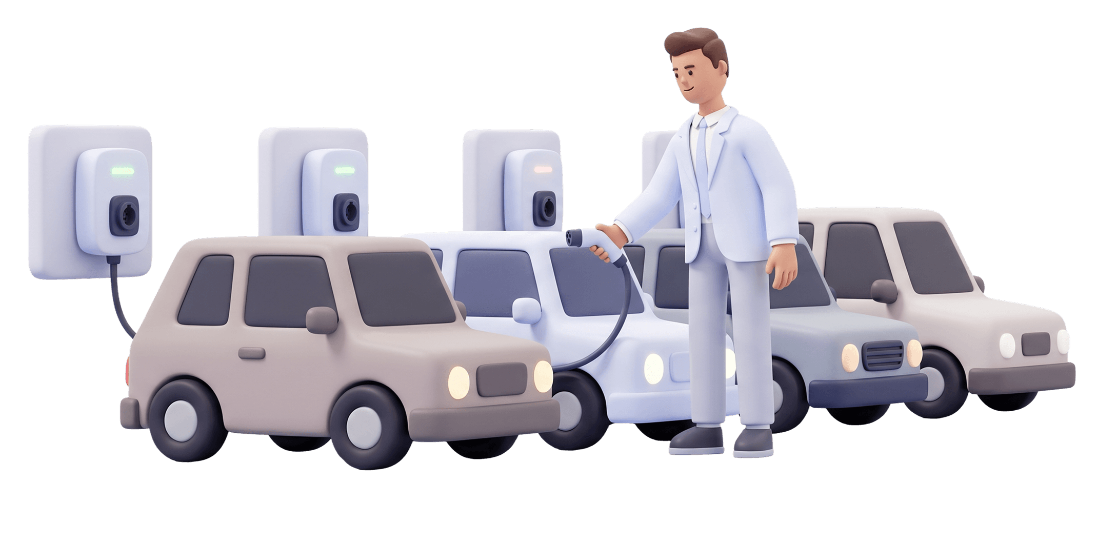 Mężczyzna podłącza firmowe auta elektryczne do rzędu ładowarek ściennych